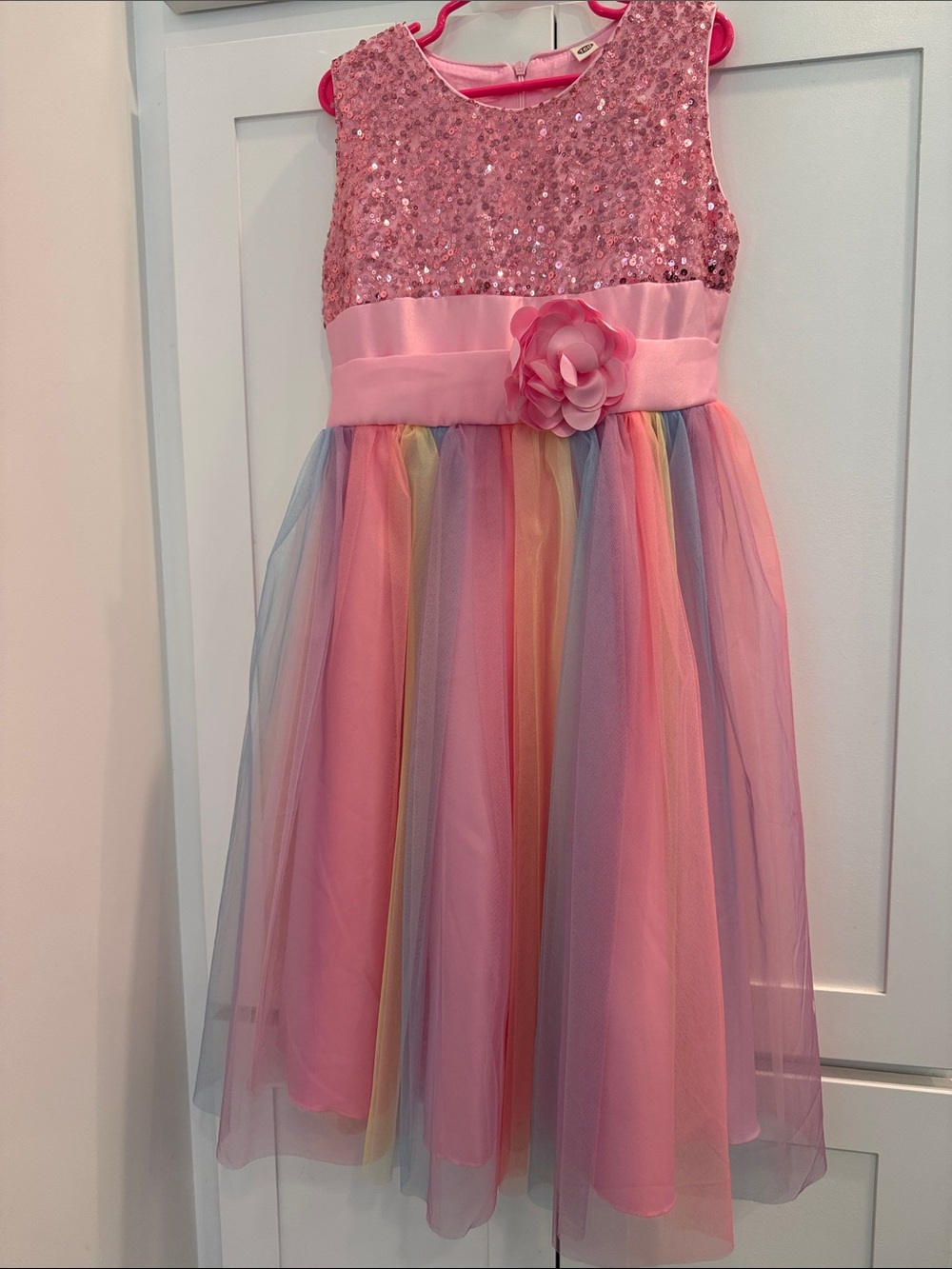 Girls Pink Sequin & Rainbow Tulle Flower Waist Party Dress